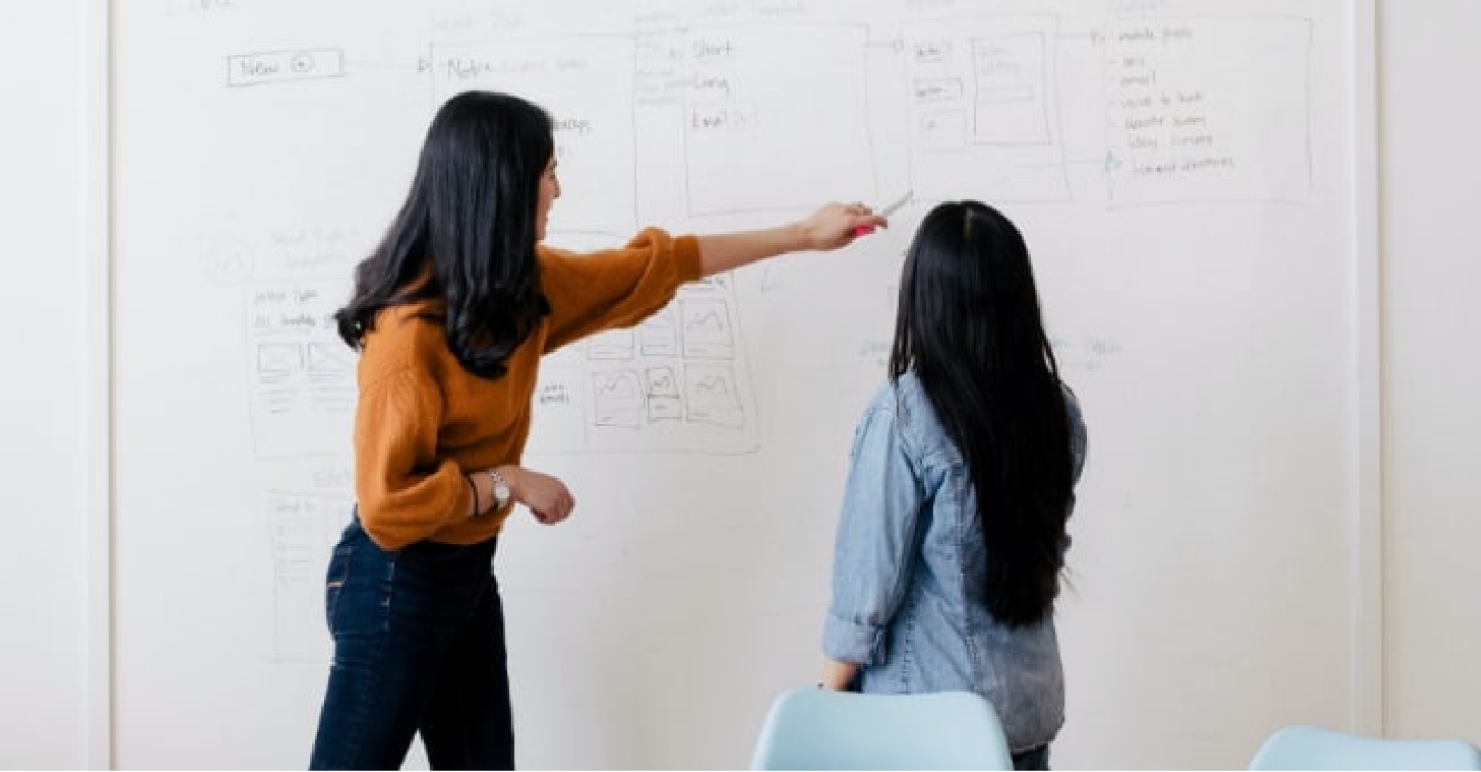 ホワイトボードに書かれた内容についてスタッフ同士で話している様子